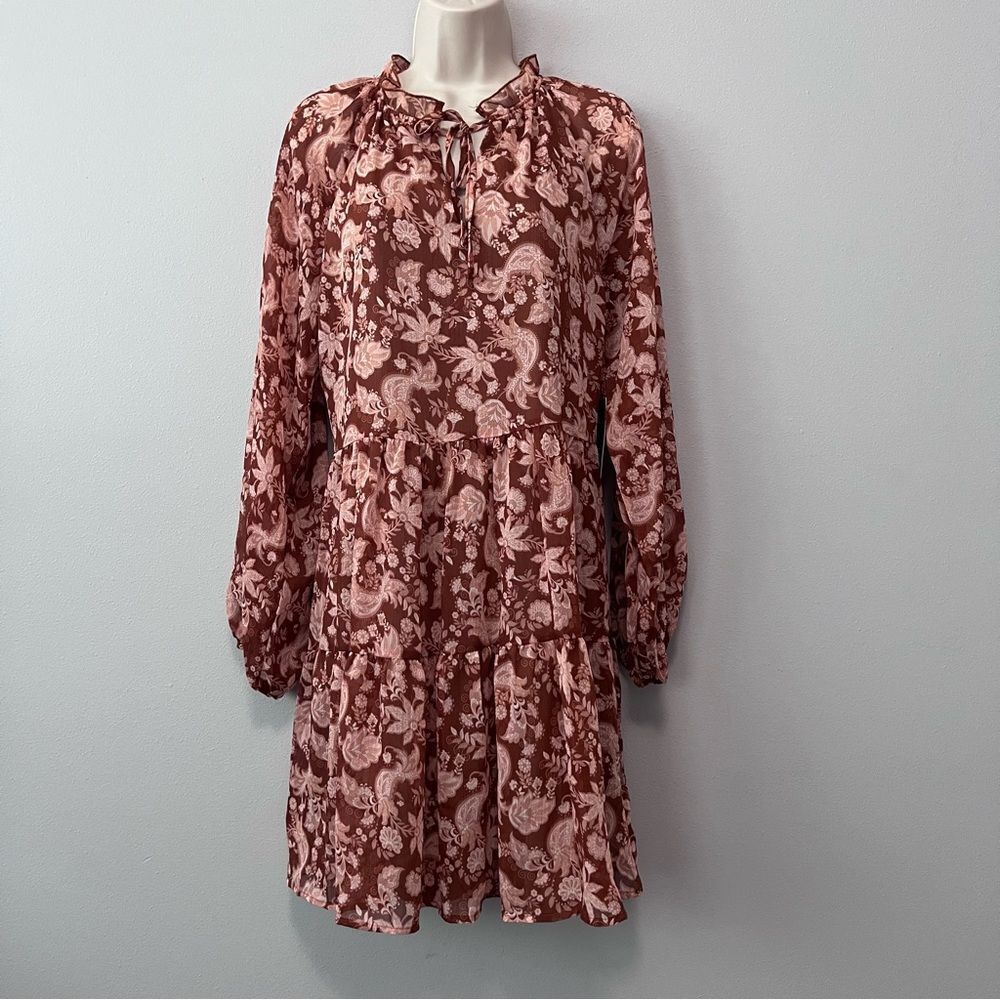 Lark + Grey Terracotta Floral Chiffon Swing Dress Size L NWT!